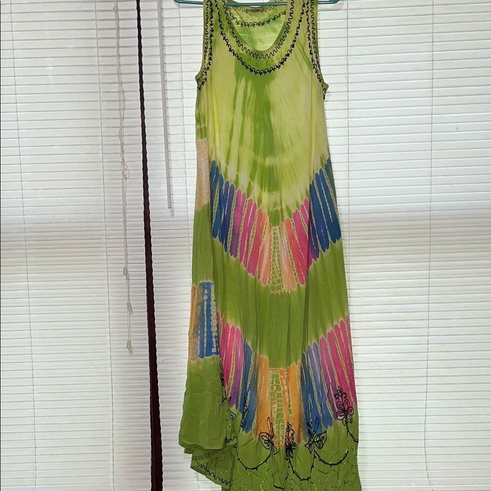 India Boutique Lime Green Tie-Dye Maxi Dress with Multicolor accents one size